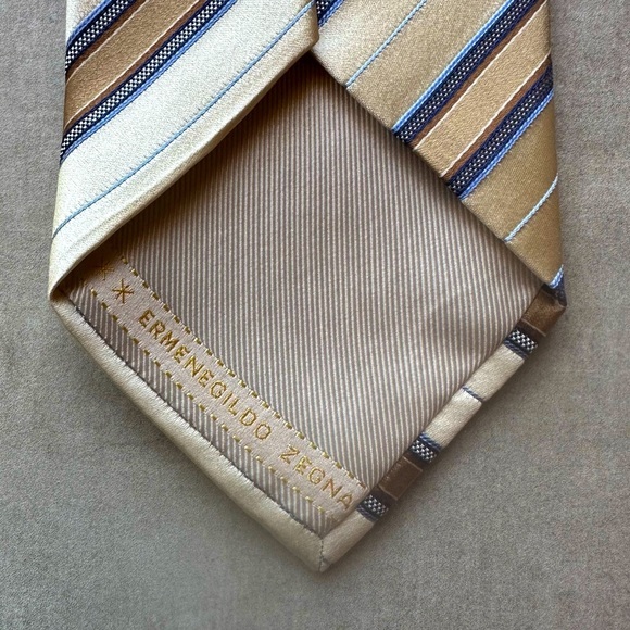 ZEGNA Tan-Blue Striped Silk Tie - Picture 1 of 5